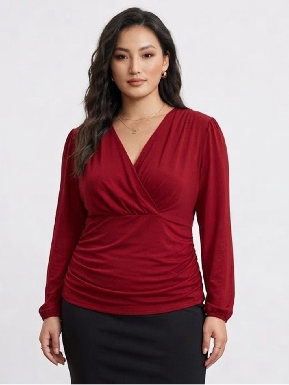 Deep Red Faux Wrap Blouse with Ruching • Size 2X • NWT
